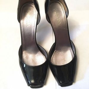 Prada Black Patent Peep Toe Heel Shoe 37 7